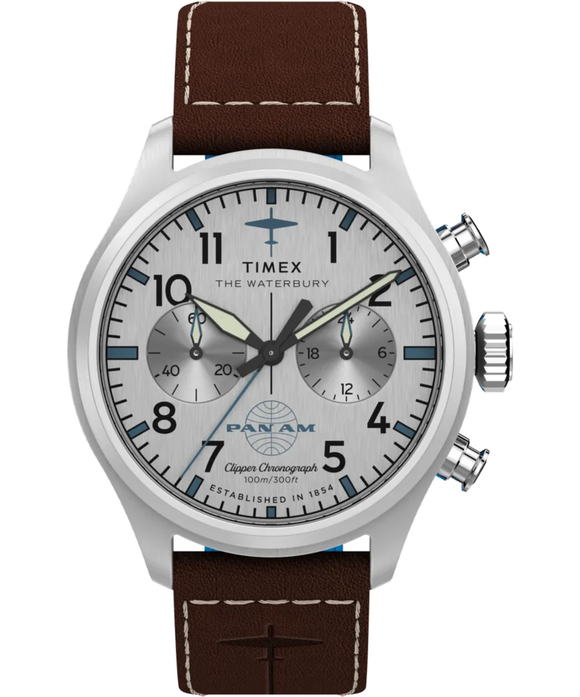 Timex Pan Am® Waterbury Ace Chronograph 41mm Leather Strap Watch TW2Y38700 41 mm kol saati
