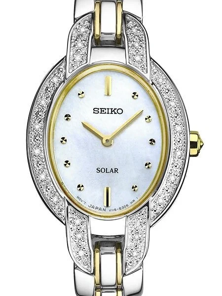 Seiko Solar Dress Watch with Diamond Bezel, Mother of Pearl Dial #SUP325 28 mm kol saati