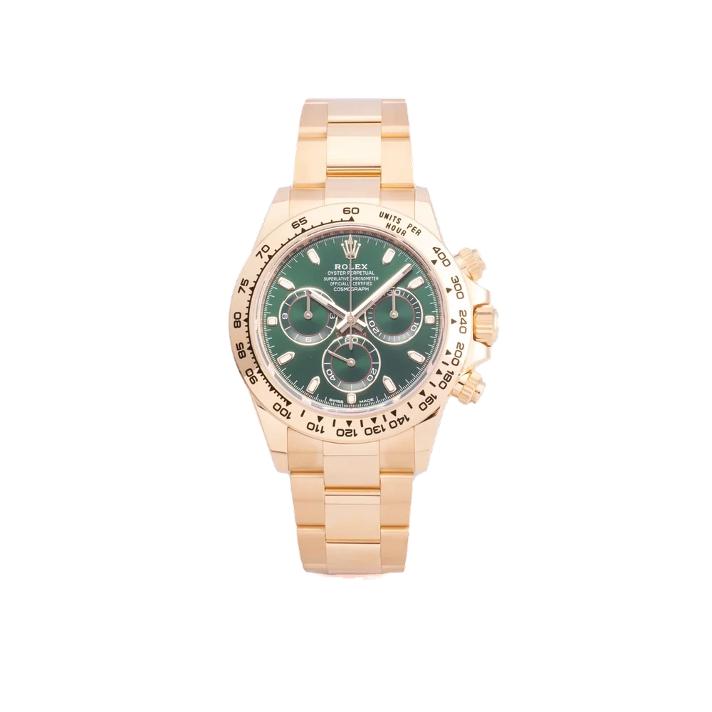 Rolex ROLEX REF. 116508, SELF-WINDING, CHRONOGRAPH, MINUTE AND HOUR COUNTERS, GREEN DIAL; “COSMOGRAPH” “DAYTONA”; 18K YELLOW DIAL; “NOS” (NEW OLD STOCK) kol saati