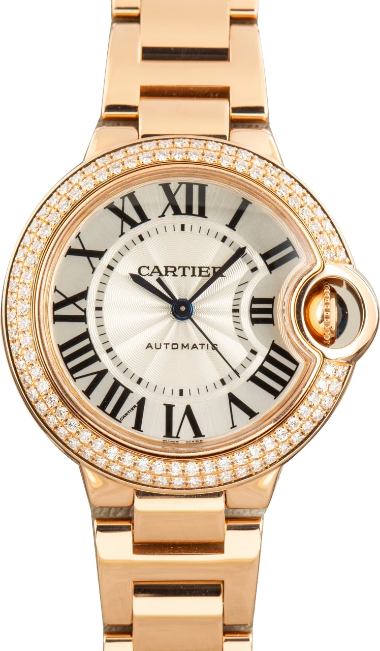Cartier Ballon Bleu de Ref WE902064 Rose Gold Diamond Bezel 33 mm kol saati