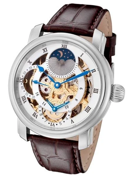 Rougois Dual Time Zone Skeleton Hand Winding Watch with Day/Night Dial RG305GS-BR kol saat