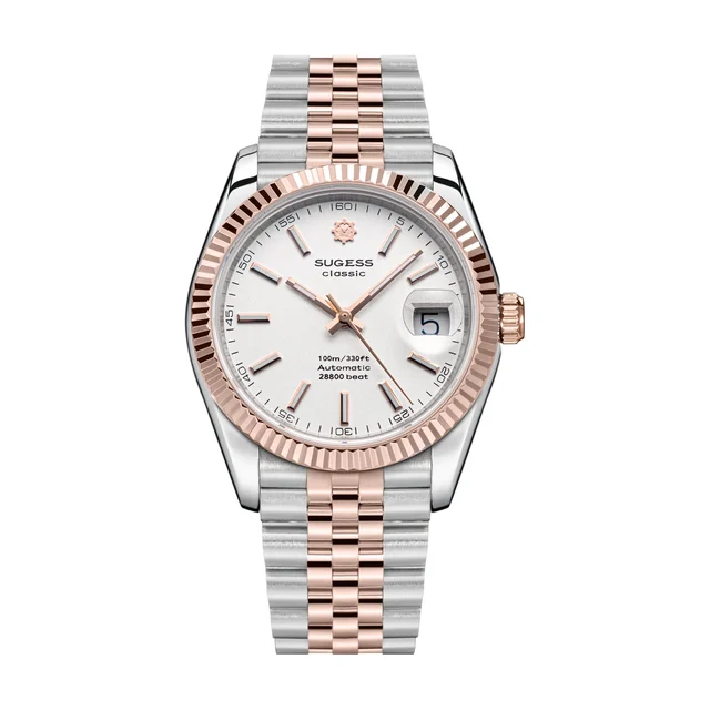 Sugess Automatic Classic S447 White Dial Rose Gold Two Tone Fluted kol saati