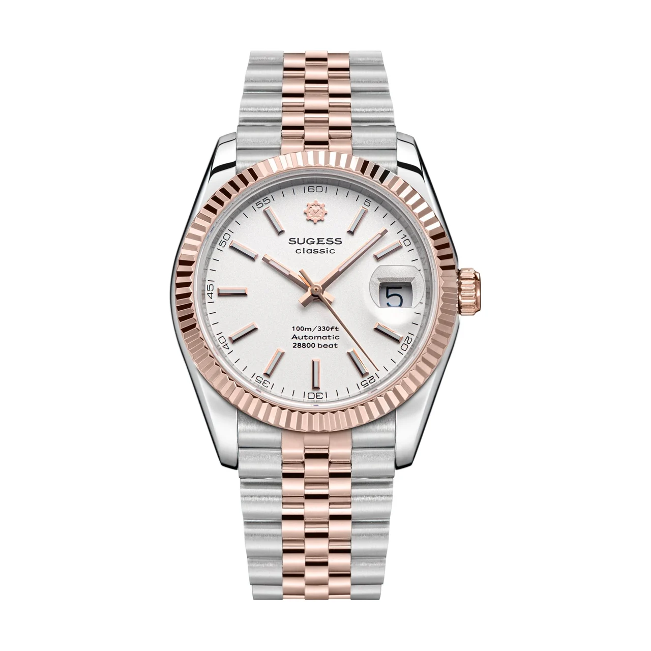 Sugess Automatic Classic S447 White Dial Rose Gold Two Tone Fluted 36 mm kol saati