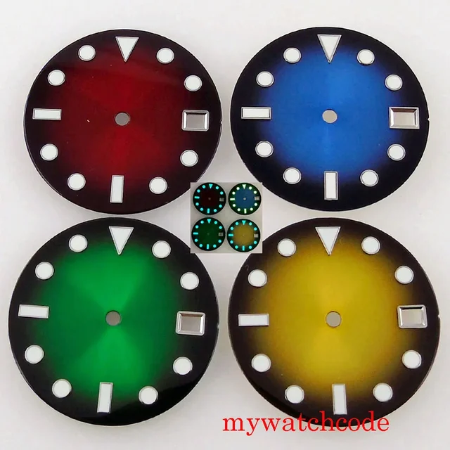 Tandorio Green Blue Red No Logo Luminous Marks Watch Dial Face For NH35 Automatic Movement