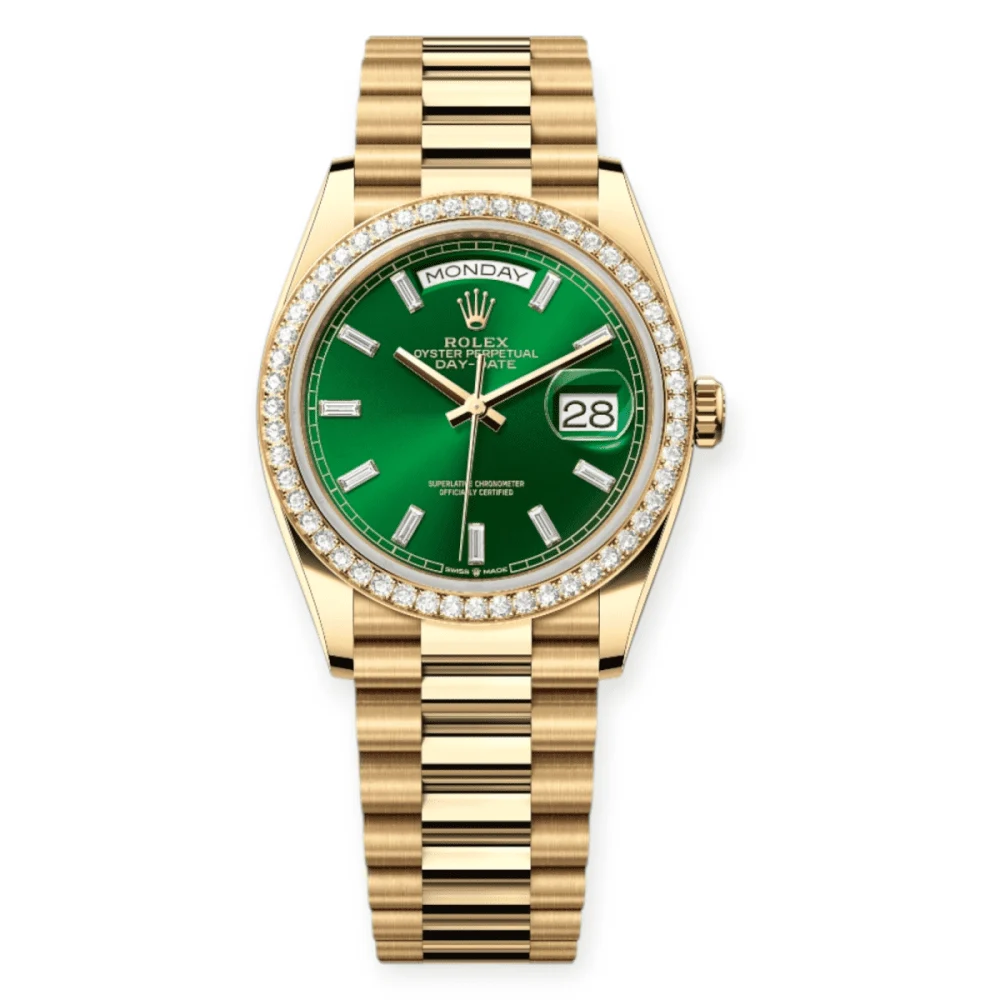 Rolex DayDate 36mm Yellow Gold Bright Green Dial w Pre-Owned Rolex DayDate 36mm Yellow Gold Bright Green Dial w 36 mm kol saati