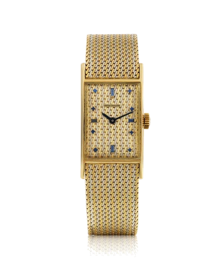 Patek Philippe Ref. 2554-2, rectangular-shaped, sapphire-set dial, integrated bracelet; 18