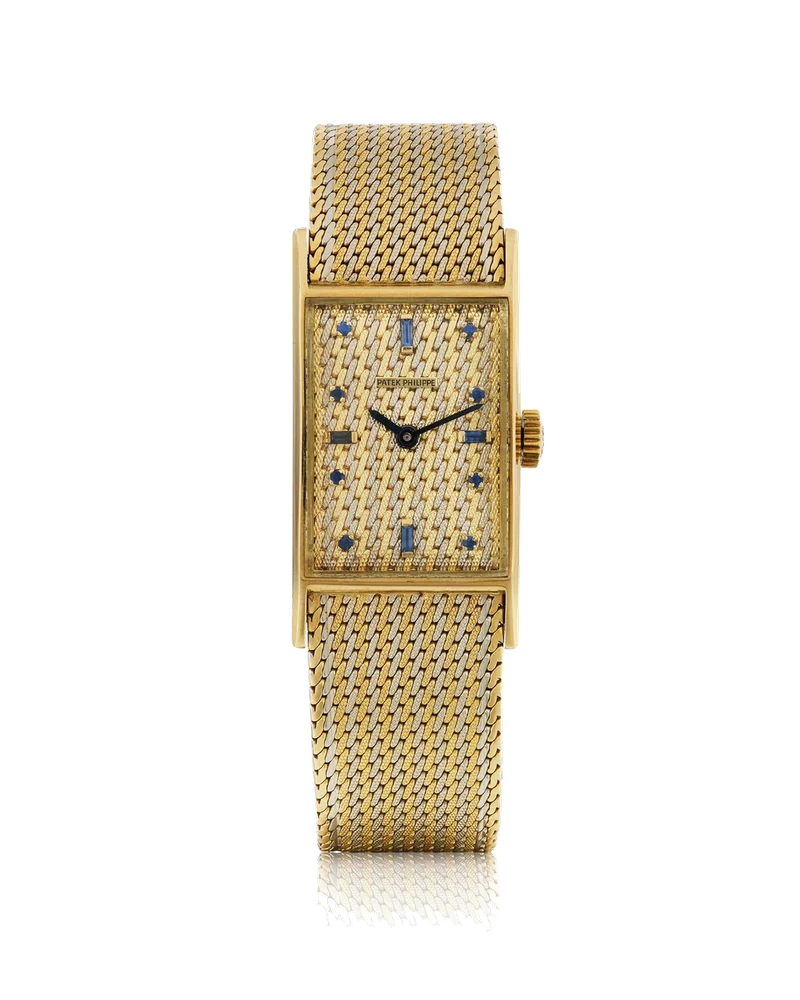 Patek Philippe Ref. 2554-2, rectangular-shaped, sapphire-set dial, integrated bracelet; 18K bi-colour gold kol saati