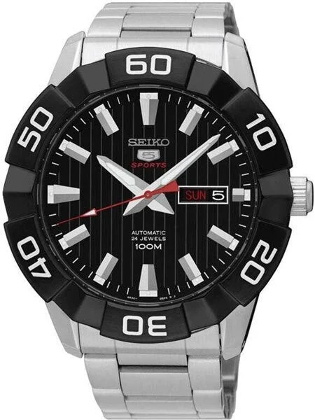 Seiko Sports 5 Automatic 24-Jewel Watch with Black Dial and Bezel #SRPA55K1 kol saati