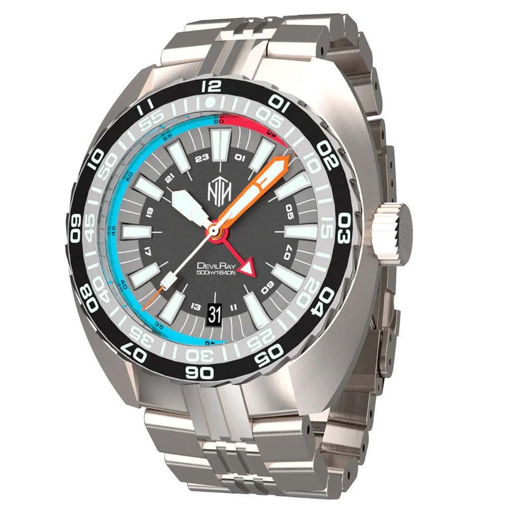 NTH DevilRay 500-Meter Automatic Dive Watch with Black Dial and GMT Function #WW- -DRKG WW-NTH-DRKG 43 mm kol saati