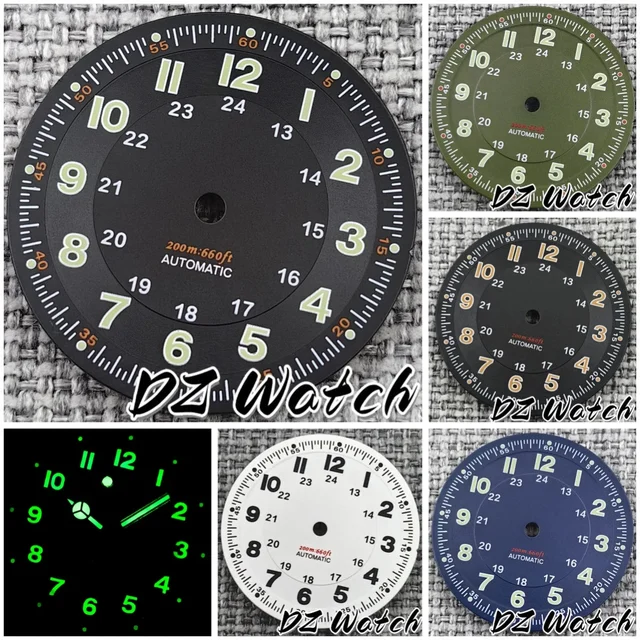 Tandorio New 29mm Black/White/Green/Blue Pilot Style Watch Dial Face Set Arabic Numerals F