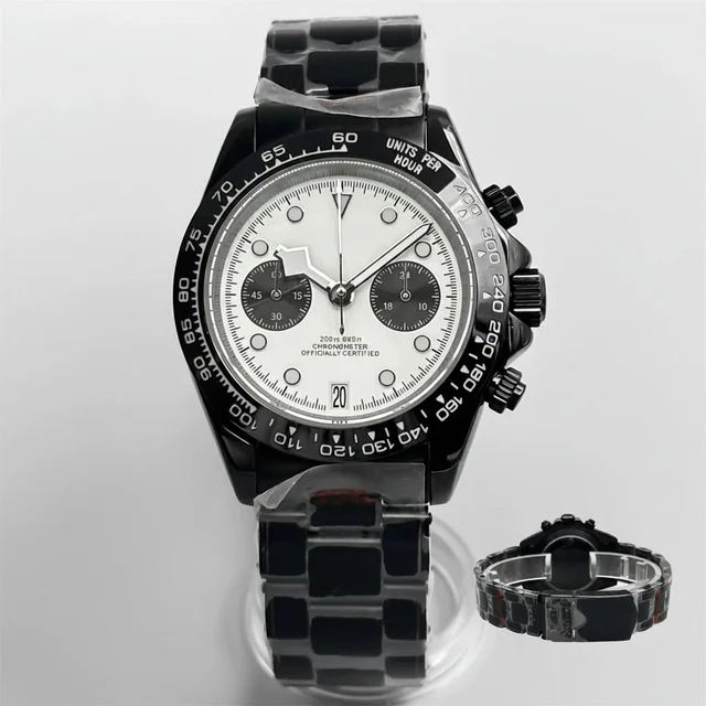 Tandorio Datona Watch 2 eyes Black PVD Chronograph Quartz 5-pin green luminous sapphire 5A