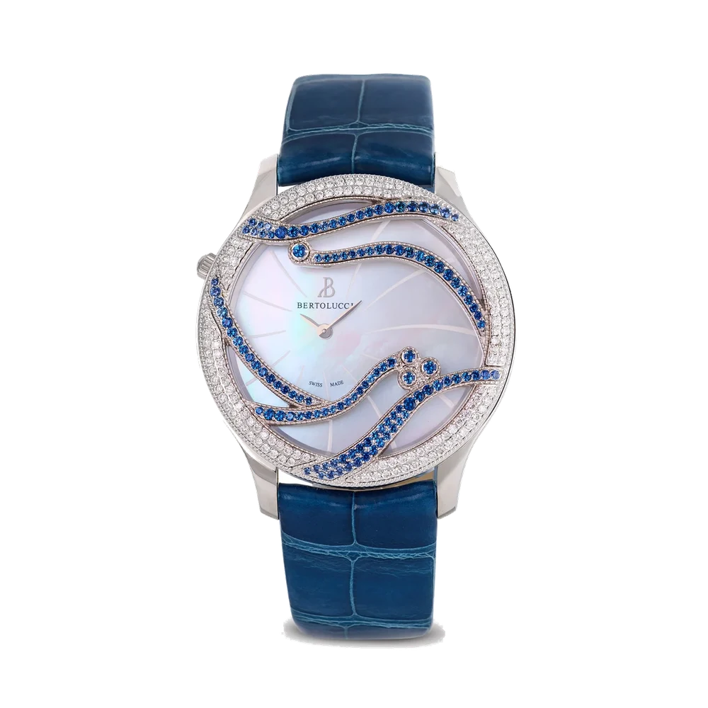 Bertolucci BERTOLUCCI, REF. 1513.50.45.B88.S5.6C1.50D, STRIA III, DIAMOND, SAPPHIRE AND MOP, NOS, STAINLESS STEEL & STERLING 925 SILVER (BEZEL) kol saati