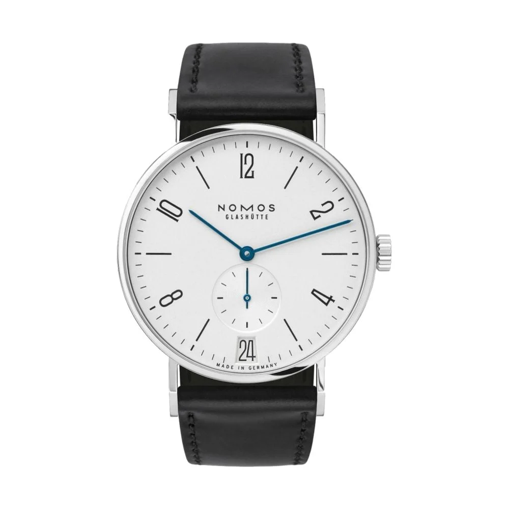 NOMOS Glashütte Tangente Date 38mm - White Silver-Plated on Leather Strap 130 38 mm kol saati