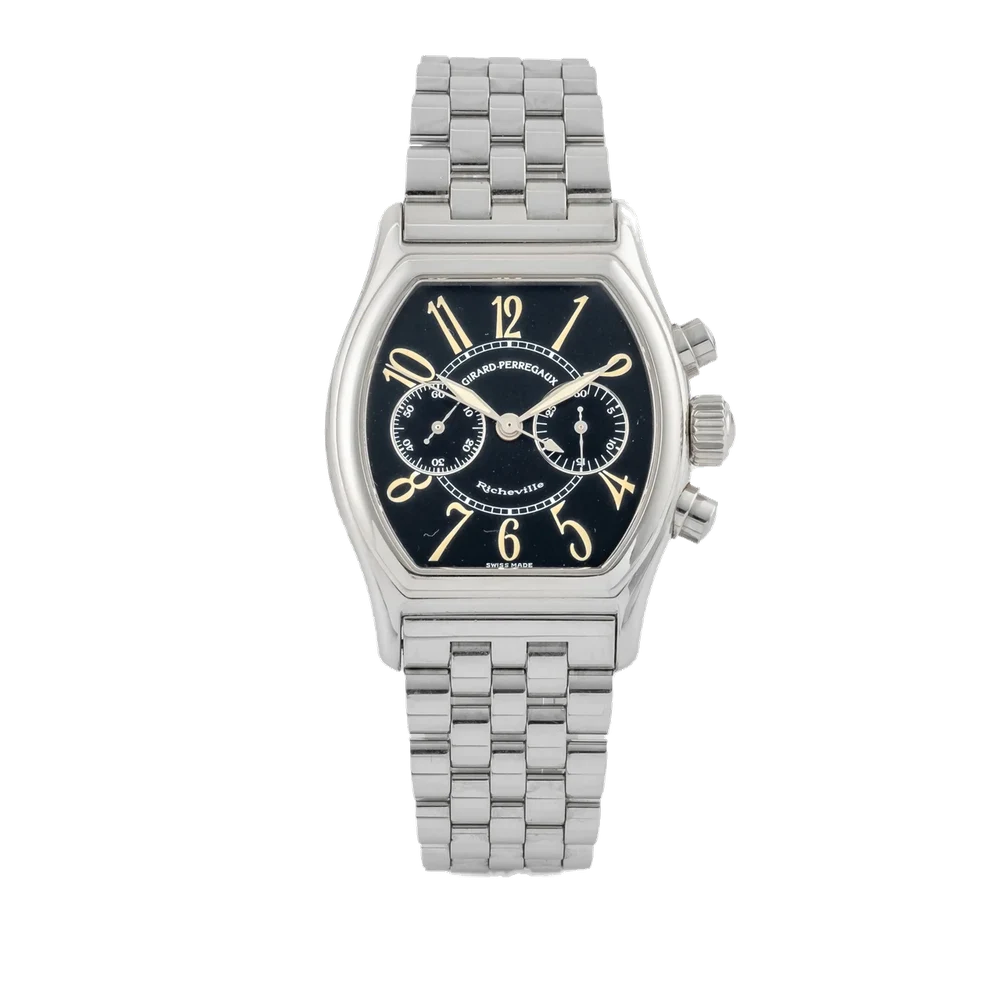 Girard-Perregaux Ref. 2710, chronograph, minute counter, black dial; “Richeville”; stainless steel kol saati