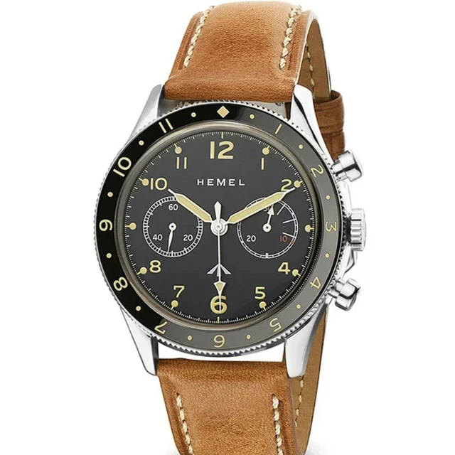 Hemel Black Mechanical Chronograph Watch with Dual-Time Bezel and DD Sapphire Crystal #HF1