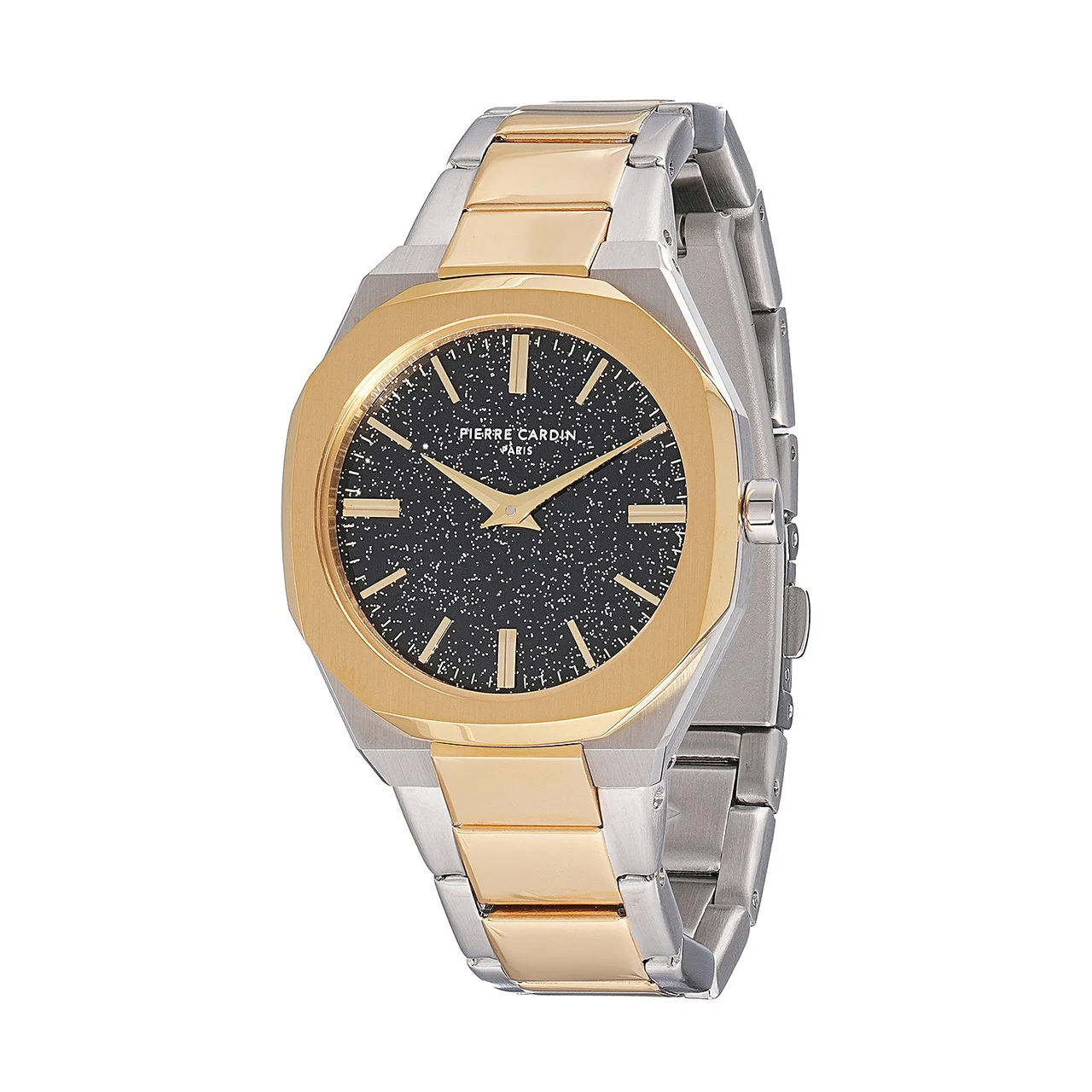 Elysee Maison 8 Chrysanthème ’ Watch - Two-Tone Gold & Silver Case, Black Sparkle Dial with Two-Tone Stainless Steel Band CF.1008.MU 32 mm kol saati