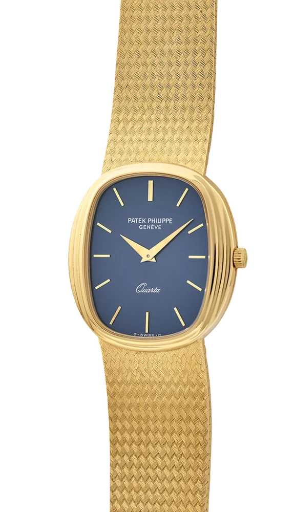 Patek Philippe PATEK PHILIPPE REF. 3857/1, "ELLIPSE D’OR", 18K YELLOW GOLD, BLUE "SOLEIL" DIAL, QUARTZ MOVEMENT, WITH CERTIFICATE OF ORIGIN kol saati
