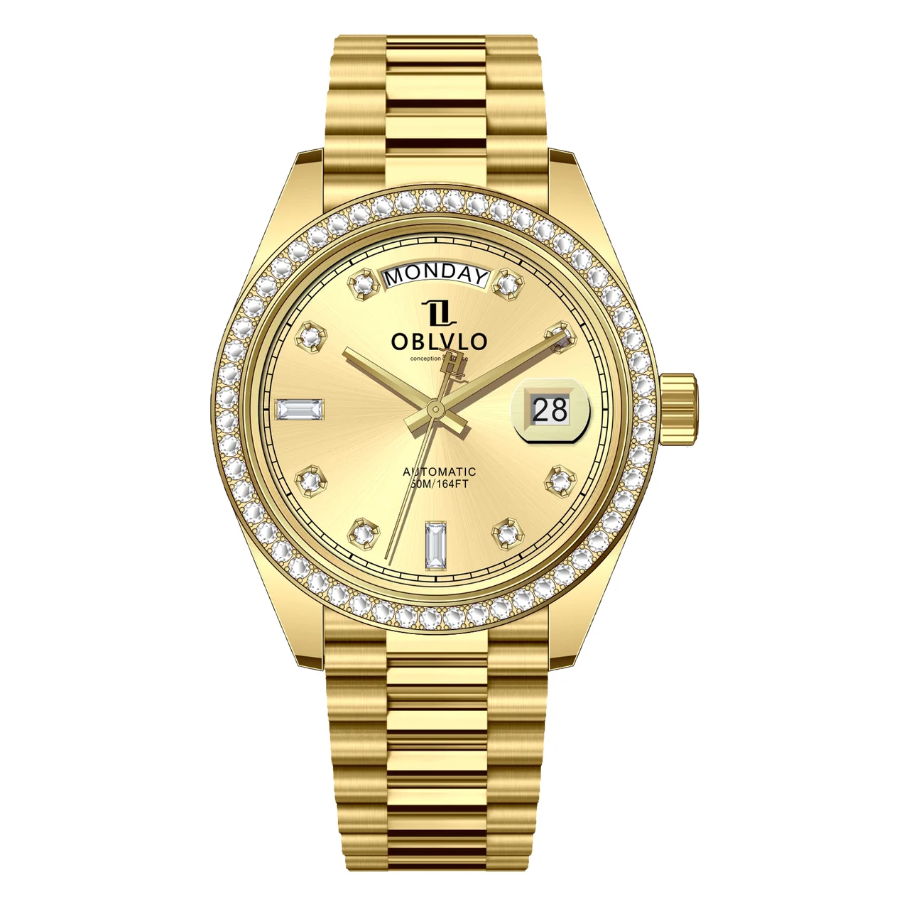 OBLVLO bezel,Gold Steel Strap ,Gold Dial RX RX Series,40mm,diamond bezel,Gold Steel Strap ,Gold Dial RX- 40 mm kol saati
