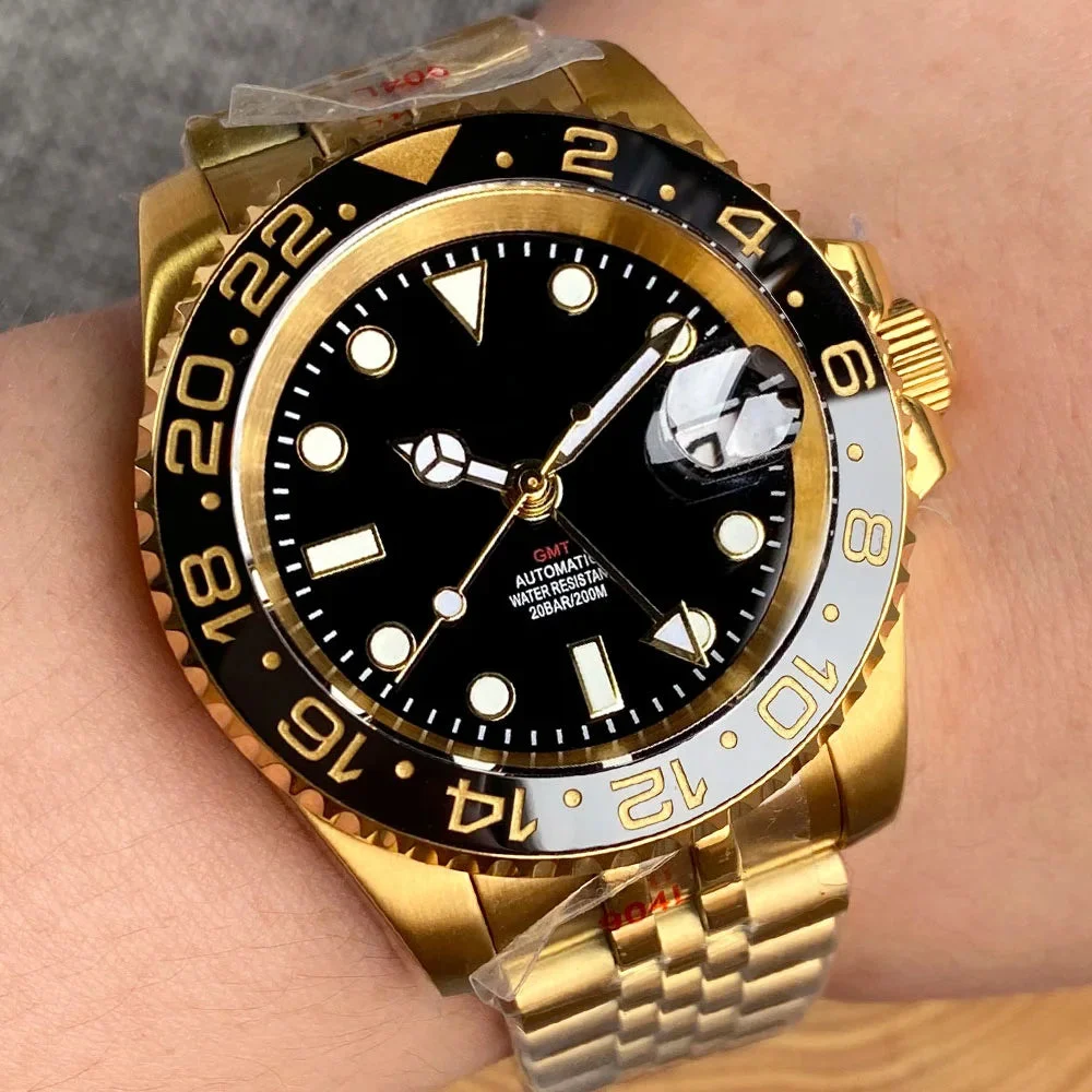 Tandorio GMT Watch TD015B Yellow Gold Ceramic 20bar 40mm Sapphire Two Tone 14:175#nologo C2;5:56964930#solid back 40 mm kol saati
