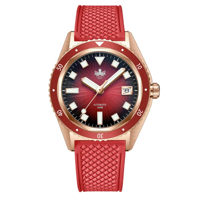 Phoibos Argo Bronze Automatic Dive Watch with Spiral Sunray Red Dial #PY057D kol saati