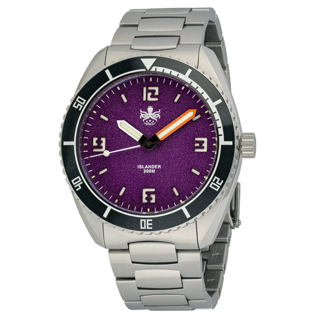 Phoibos ISLANDER Limited Edition Reef Master Dive Watch with Purple Sand Dial #PY047-LIW 42 mm kol saati