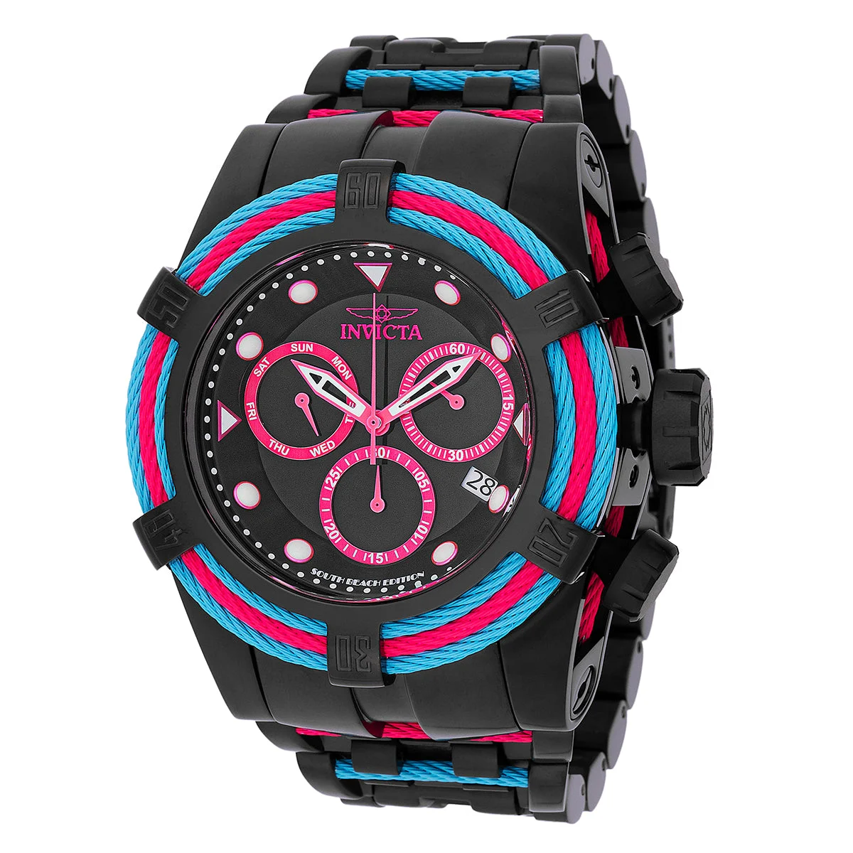 Invicta Bolt South Beach Swiss Ronda Z60 Caliber Watch - 53mm. Hot Pink. Blue. Black (48605) kol saati
