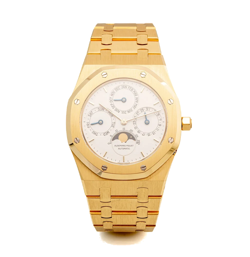 Audemars Piguet Ref. 25686BA.OO.0944BA.03, perpetual calendar, moon phases, white dial; “Royal Oak”; 18K yellow gold kol saati