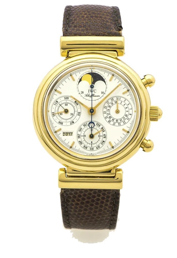 Iwc Da Vinci IWC DA VINCI REF. 3750 PERPETUAL CALENDAR CHRONOGRAPH YELLOW GOLD A very fine self-winding 18 K yellow gold wristwatch with chronograph, secular perpetual calendar moon phases. kol saati