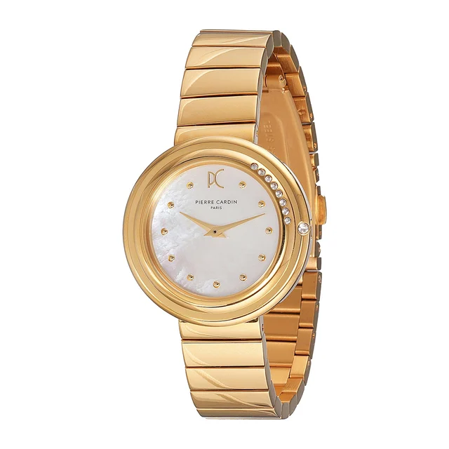 Passy Météore ’ Watch - Gold Case with White Mother of Pearl Look Dial, Crystal Bezel, and