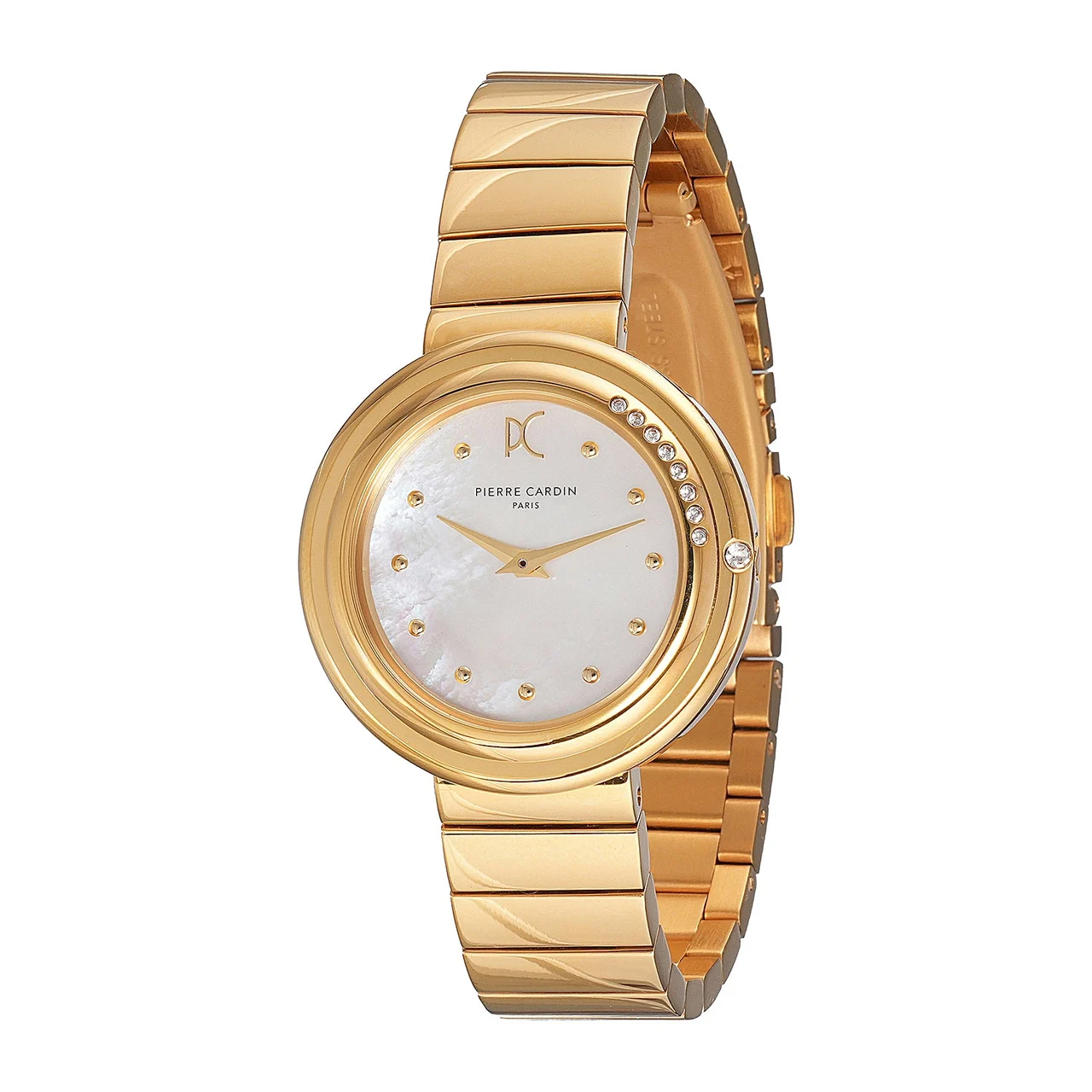 Passy Météore ’ Watch - Gold Case with White Mother of Pearl Look Dial, Crystal Bezel, and Metal Link Strap CF.1010.MG.2 32 mm kol saati