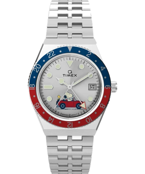Timex Peanuts® x Q ® GMT 38mm Stainless Steel Bracelet Watch TW2W83300 kol saati