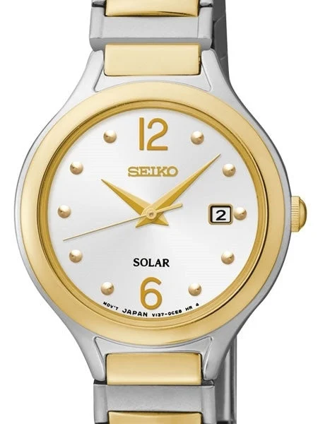 Seiko Two-Tone Solar Dress Watch with White Dial, Goltone Hands and Markers #SUT178 kol sa