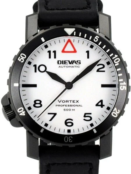 Dievas Vortex Professional Tactical Dive Watch with Black PVD Case, Offset Crown at 8:00 and White, Fully Luminous Dial VortexProfessional 44 mm kol saati