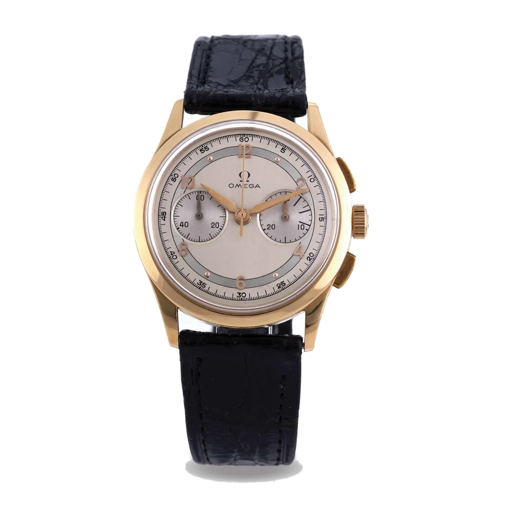 OMEGA Ref. OT 2872, chronograph, minute counter, calibre 320, silver dial; 18K yellow gold kol saati