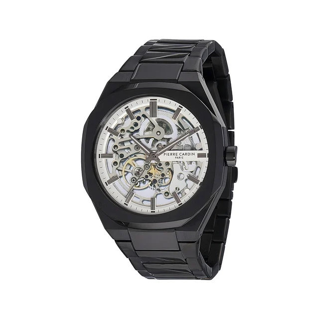 Elysee Maison 8 Automatique Men’s 42mm Skeleton Watch - Black Case with Black Metal Strap