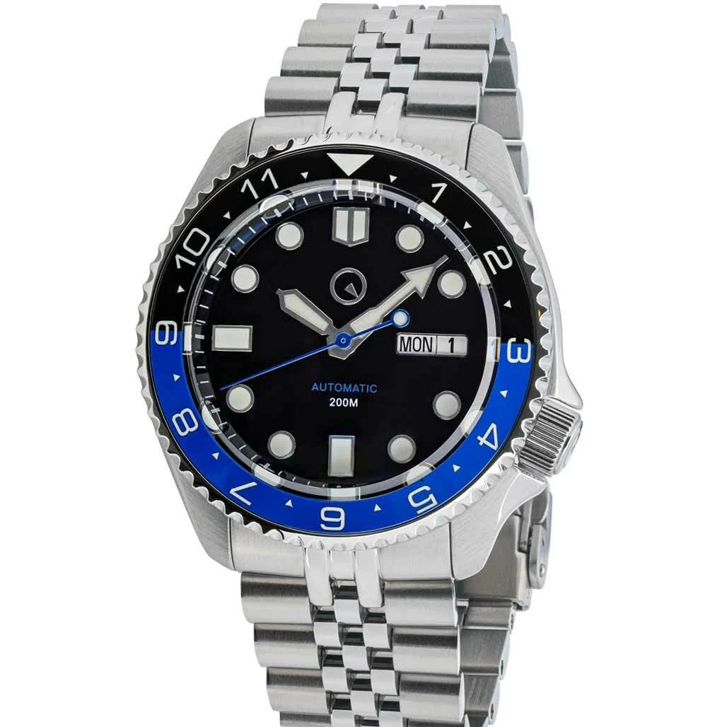 Islander Automatic Dive Watch with Solid-Link Bracelet, AR Sapphire Crystal, Dual-Time Luminous "Batman" Bezel Insert #ISL-74 46 mm kol saati