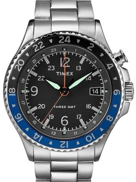 Timex Allied Three GMT Quartz Watch with Black Dial and INDIGLO Night-Light #TW2R43500VQ 43 mm kol saati