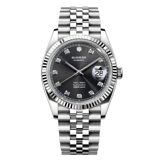 Sugess Automatic Classic S448 Grey Dial Crystal Indices Fluted Bezel Jubilee Bracelet ST21