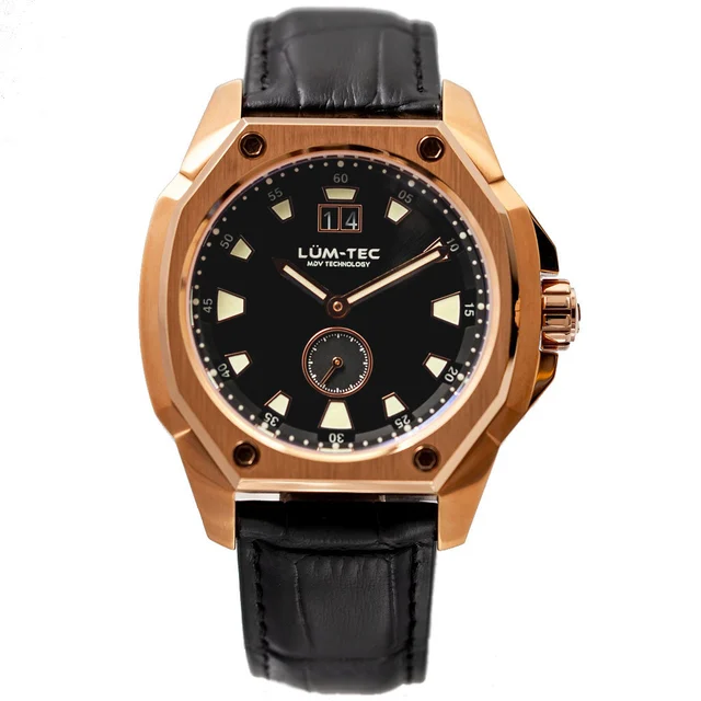 Lum Tec Lum-Tec 44mm Goldtone Watch with Black Dial, Big-Date, and Anti-Reflective Sapphir