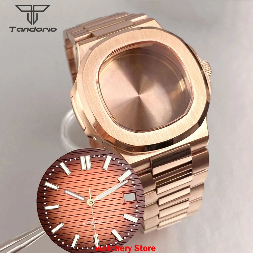 Tandorio Rose Gold Watch Case Bracelet Fit NH35 NH36 Automatic Movement Watch Parts For Nautilus Style Stainless Steel Bracelet 14:203009913#rose gold hands 40 mm kol saati