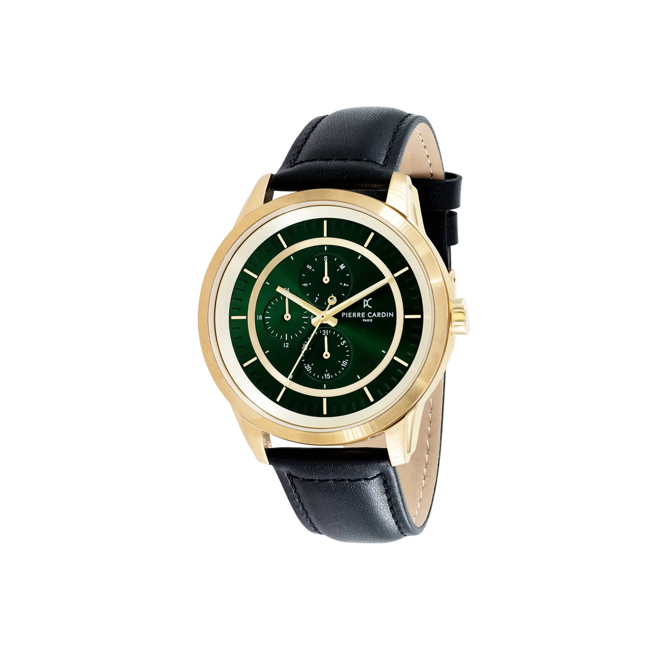 LES HALLES Green Dial Gold Multifunction Watch with Black Leather Strap CCP.5017 45 mm kol saati