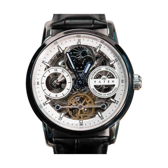 Fatehwatches Automatic Moonphase Skeleton Strata Silver White kol saati
