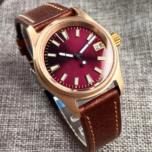 Tandorio Bronze Pilot Watch TD147R 20ATM 36mm Wine Red Dial NH35A Sapphire Crystal 14:3508
