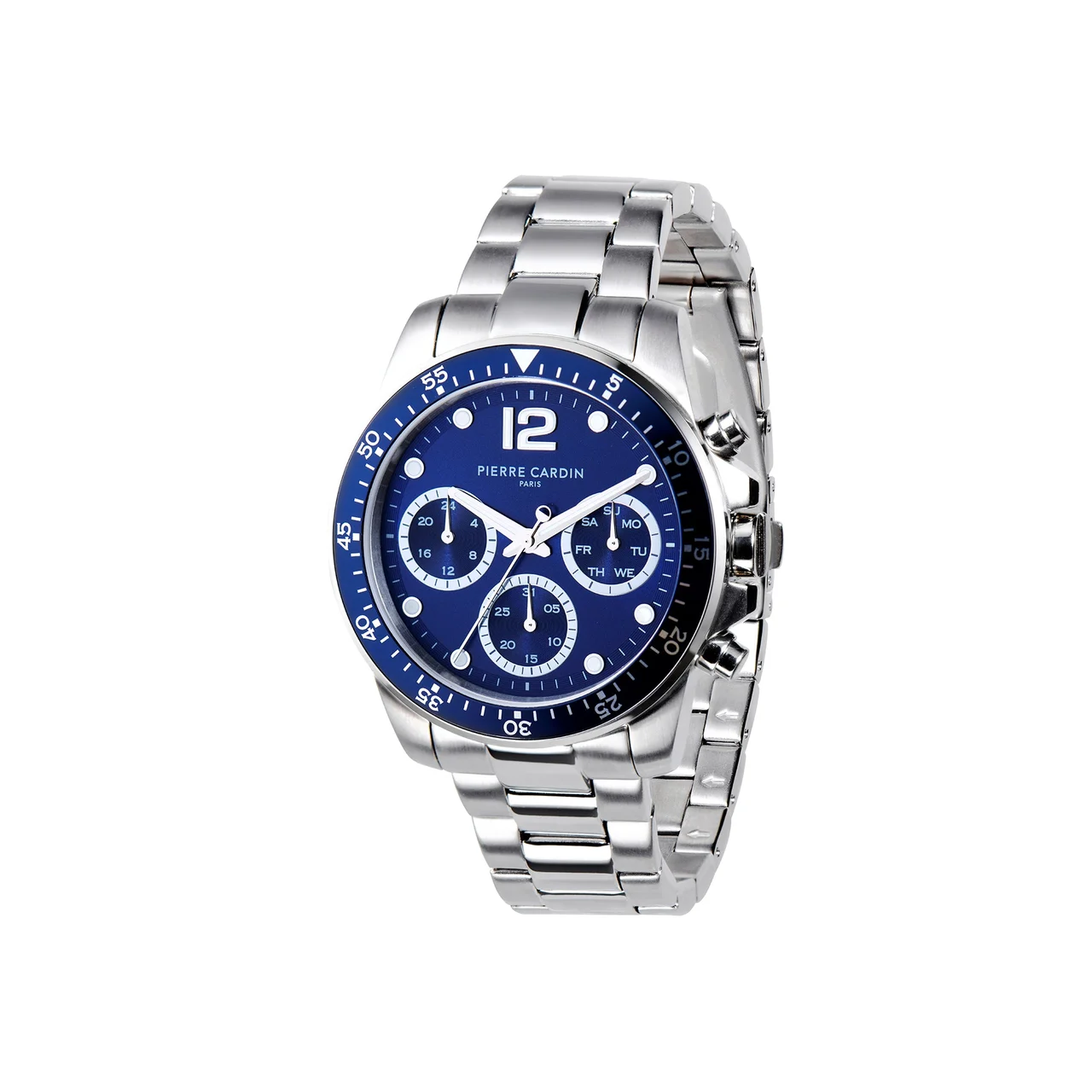 Pierre Cardin Nation Swank Multifunction watch with Dark Blue Dial and Blue Bezel with a Metal Links Strap CNI.014 40 mm kol saati
