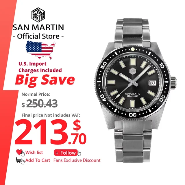San Martin Official 41mm 62mas V4 Diver Men Watch NH35 Autom kol saati