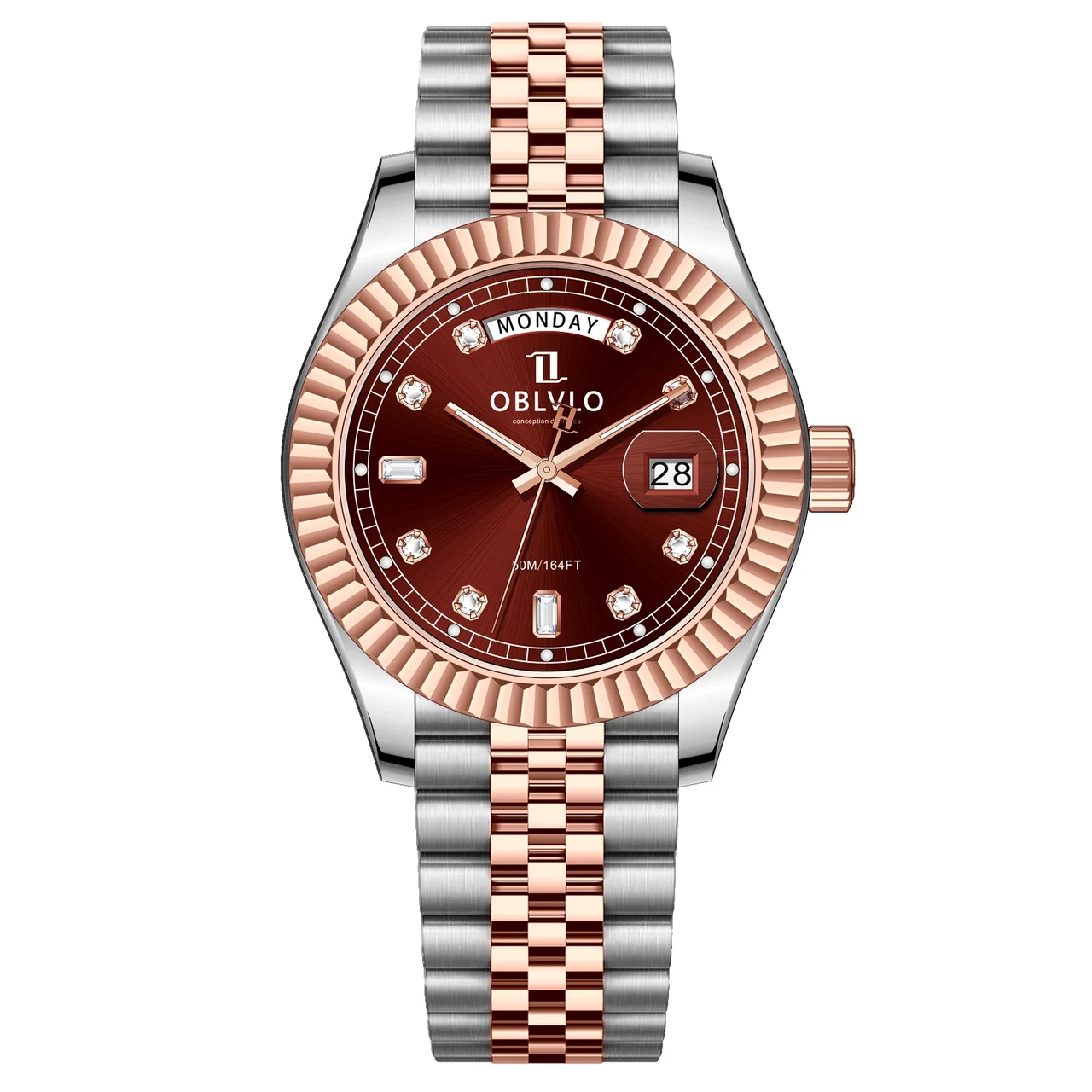 OBLVLO Gold Steel Strap ,Brown Dial RX-VJ-T RX Series,39mm,Two-tone Gold Steel Strap ,Brown Dial RX-VJ-T 39 mm kol saati