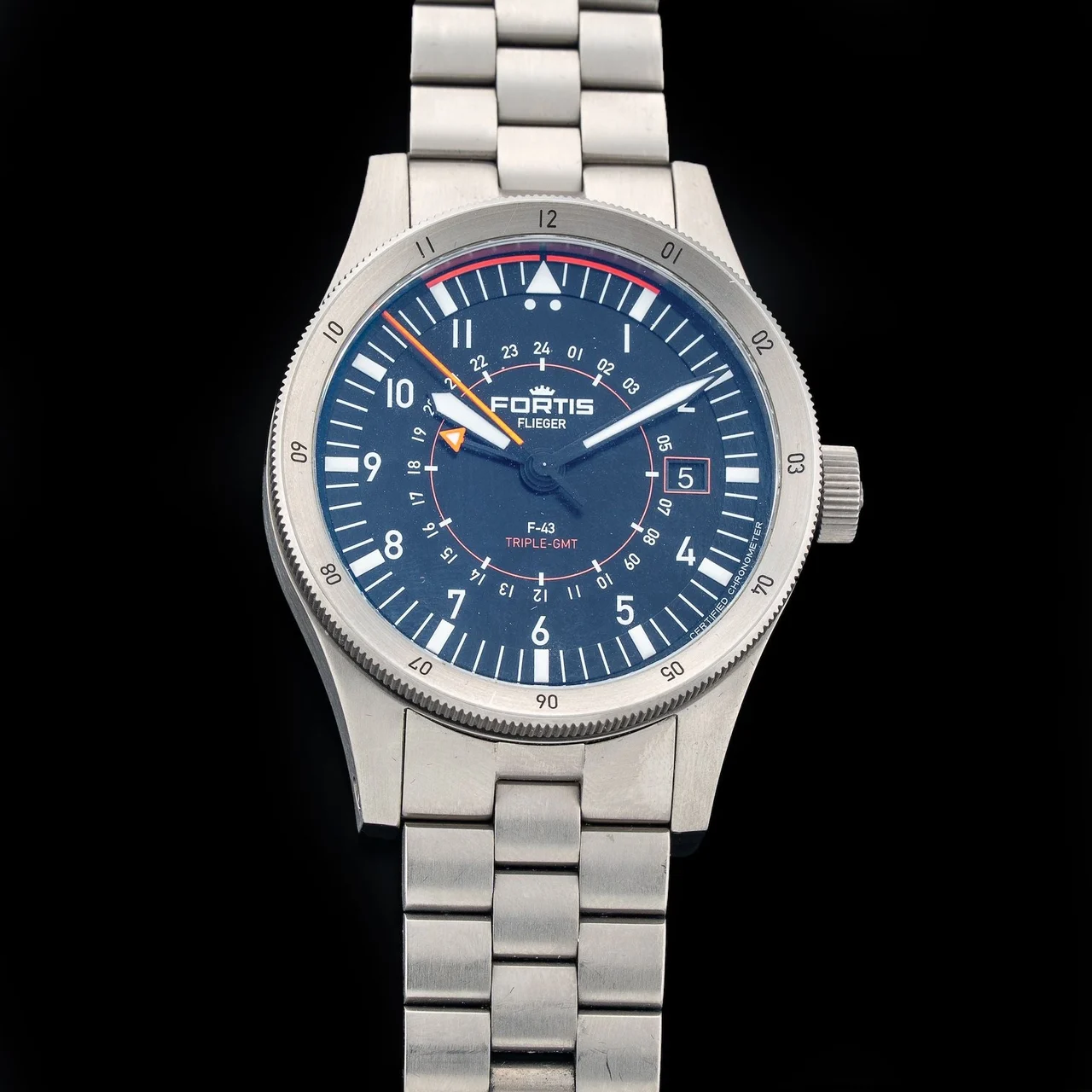 Fortis Flieger F-43 Triple GMT Neu 210009N35099 43 mm kol saati