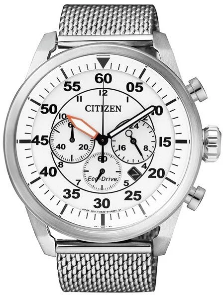 Citizen Eco-drive Chronograph Watch with Stainless Steel Mesh Bracelet #CA4210-59A 45 mm kol saati
