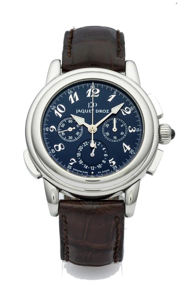 Jaquet Droz JAQUET DROZ REF. 1795 CHRONOGRAPH STEEL Very fine, manual-winding, stainless steel wristwatch with chronograph and GMT. kol saati