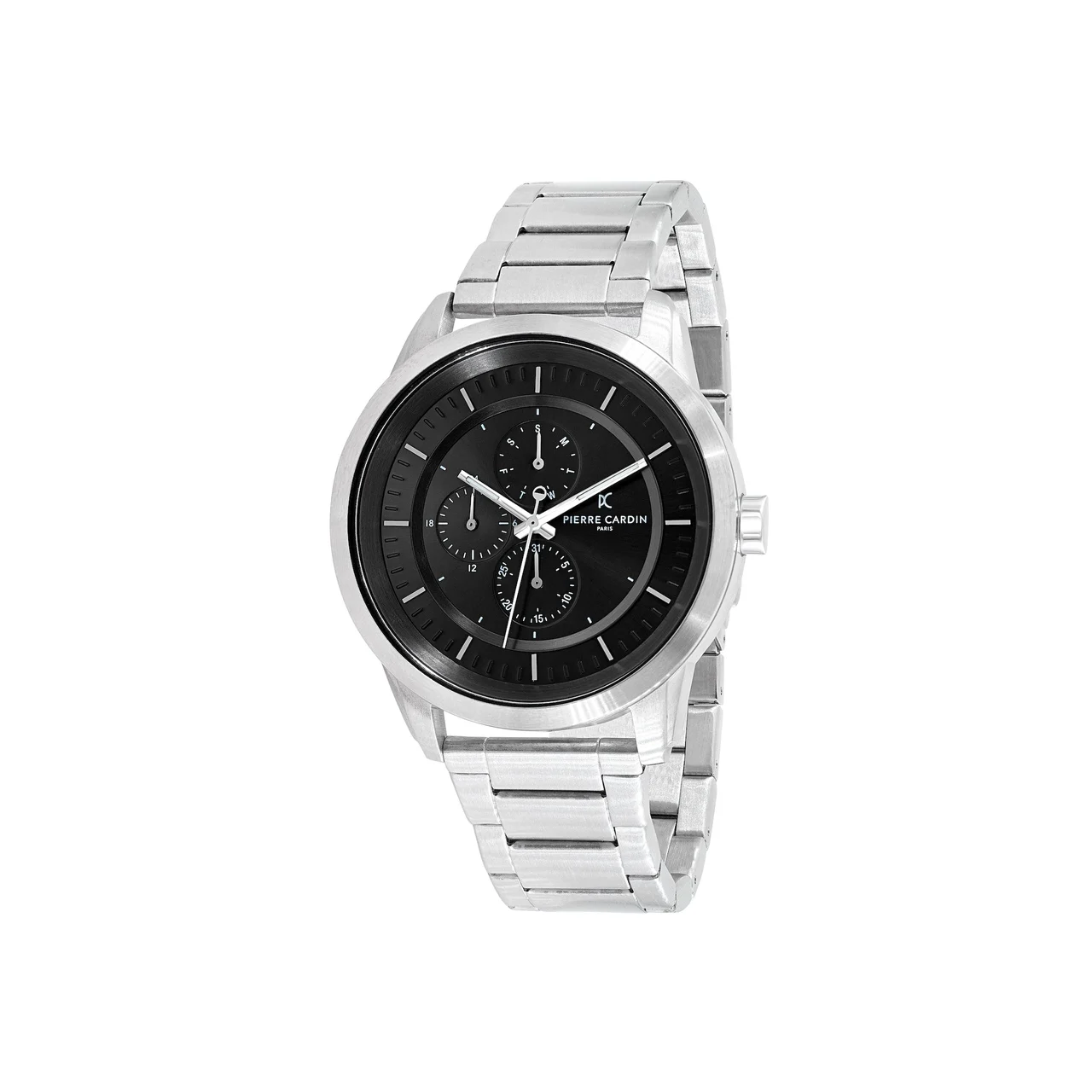 LES HALLES Black Dial Silver Multifunction Watch with Silver Metal Links Strap CCP.5014 45 mm kol saati